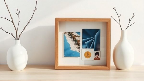 DIY shadow box with memorabilia and a vase on a wooden surface.