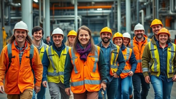 Diverse industrial workforce smiling and walking at factory.