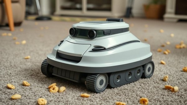 Vintage robotic vacuum on carpet with cereal, symbolizing iRobot bankruptcy.