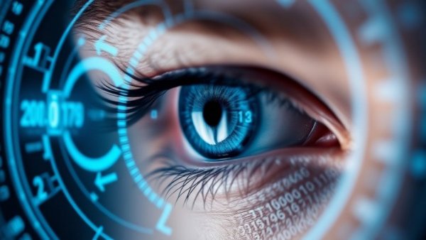 AI Autism Diagnosis Eye Tests: Close-up of an eye with digital scan.