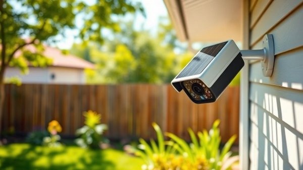 Solar-powered security camera promoting home security savings.