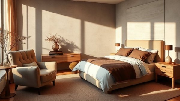 Modern bedroom showcasing 2026 furniture trends with plush textures and warm tones.