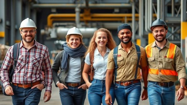 Diverse industrial workers smiling, importance of diversity in the workplace.