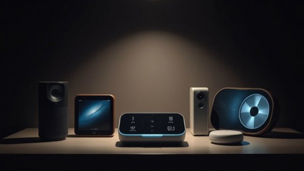 Futuristic smart home gadgets 2025 in cinematic display.