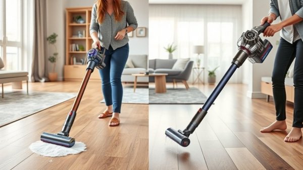 Comparison of Dyson V8 vs V11 vacuum cleaners in a living room.