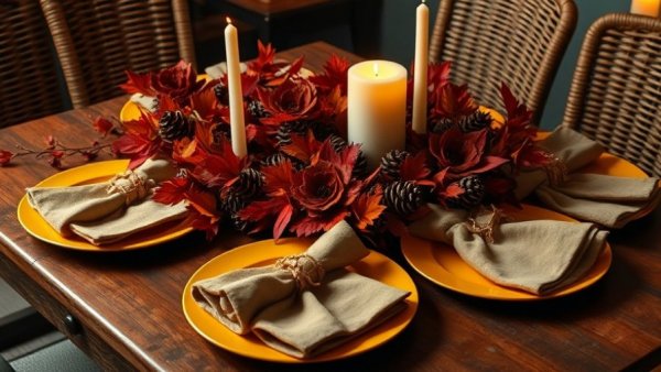 Elegant Thanksgiving table setting with rustic decor, featuring candles and autumn leaves.