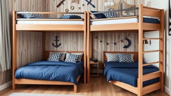 Modern bunk beds for adults in rustic wooden room with nautical decor.