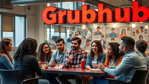 Grubhub ERGs discussion with diverse young group in modern office.