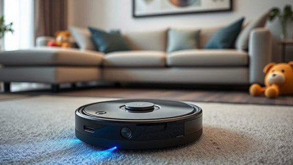 Black robotic vacuum on carpet during pre-Black Friday smart home deals.