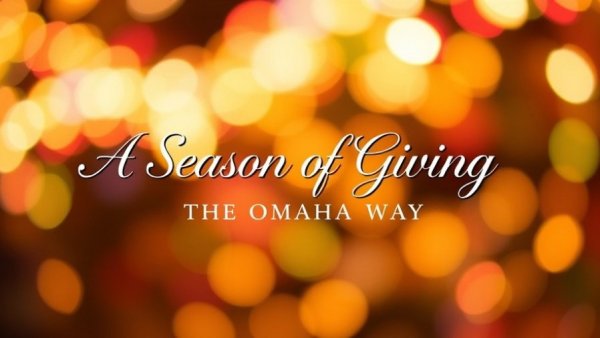 Omaha holiday giving community support message with bokeh background.