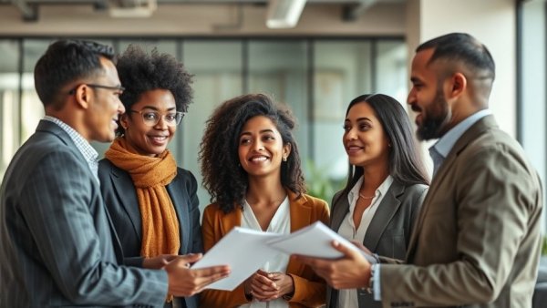 Professionals discussing around a table, diverse teamwork