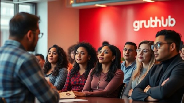 Grubhub ERGs and Inclusion meeting with diverse participants in an office.