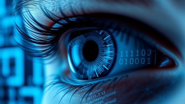 Futuristic AI concept with digital eye overlay, AI screens for autism