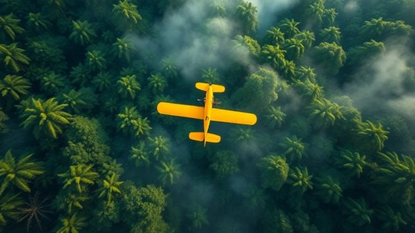Yellow biplane over glitchy forest, AI ethics concept.