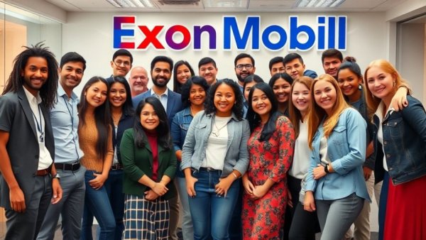 Diverse employees smiling at ExxonMobil office, promoting diversity.