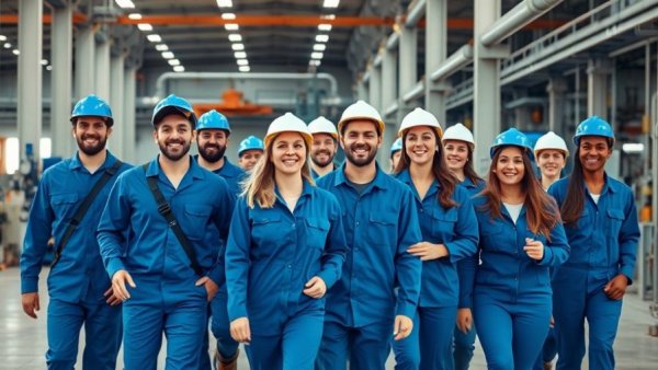 Diverse industrial team showcasing workforce diversity impact in a factory.