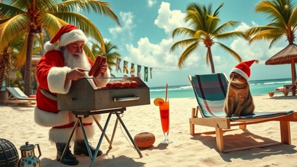 Summer Christmas beach BBQ scene with Santa, cat, and AI tools for image generation.
