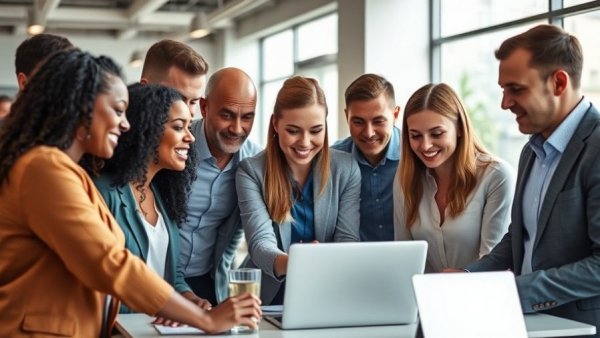 Diverse employees collaborating in a meeting, discussing initiatives.