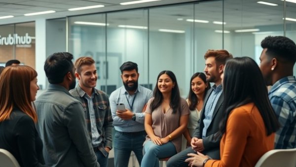 Engaged group discussion at Grubhub ERGs event in modern office.