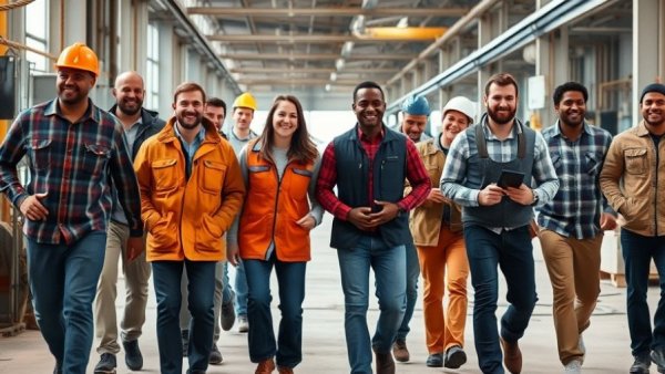 Diverse industrial workers investing in diversity, smiling in workspace.