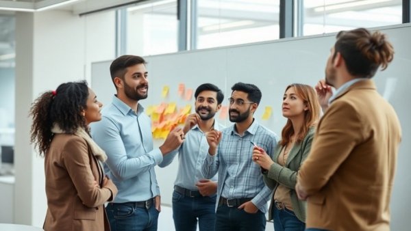 Diverse team discussing strategies on a whiteboard in a modern office. How to build a successful AI strategy.