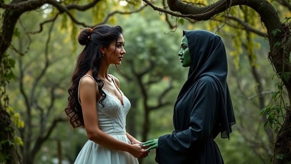 Wicked For Good review scene with two contrasting characters in detailed costumes in a whimsical setting.