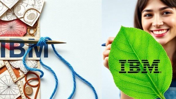 Collage of needle, writing, smiling woman, leaf with IBM logo; multimodal AI and automation.