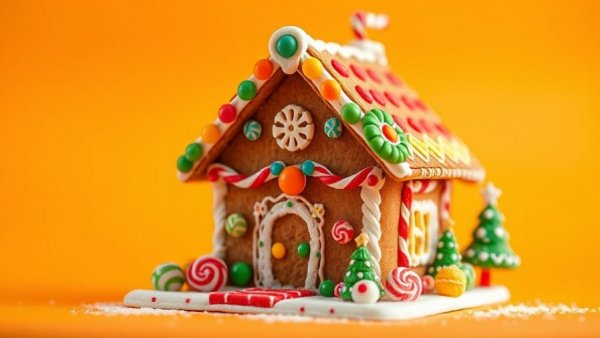 AI 3D Model Generator: Gingerbread house with candy decorations, orange backdrop.
