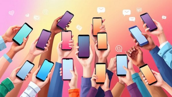 Diverse hands with phones, AI in group chats concept, colorful backdrop.