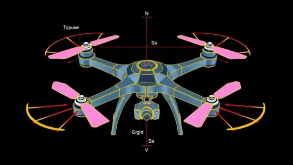 Technical illustration of quadrotor dynamics with labeled vectors and axes.