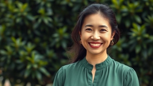 Smiling woman standing in front of greenery, representing AI startup funding sustainability with Salesforce.