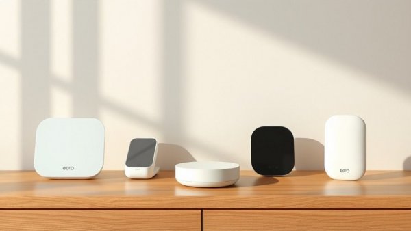 Sleek eero WiFi devices on a wooden surface.
