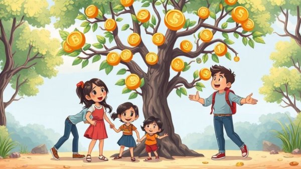 Family interacting with coin tree symbolizing year-round conversation about employee financial well-being.