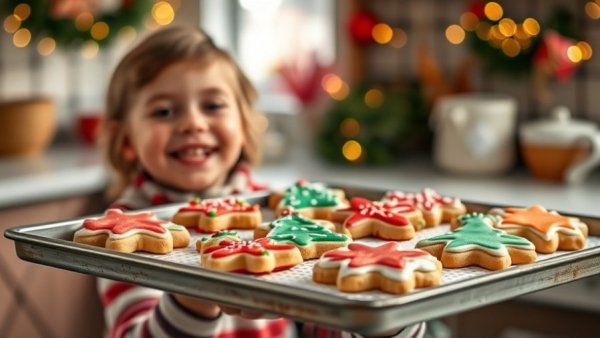 Colorful Christmas cookies on tray held by child, festive kitchen.