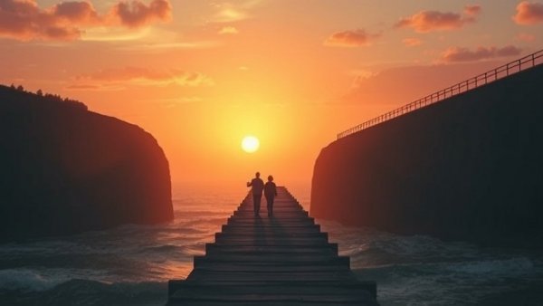 Surreal unfinished bridge at sunset, emotional connection in B2B marketing.
