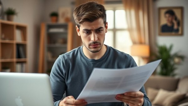Frustrated young man reviewing document in home office, concerned expression.