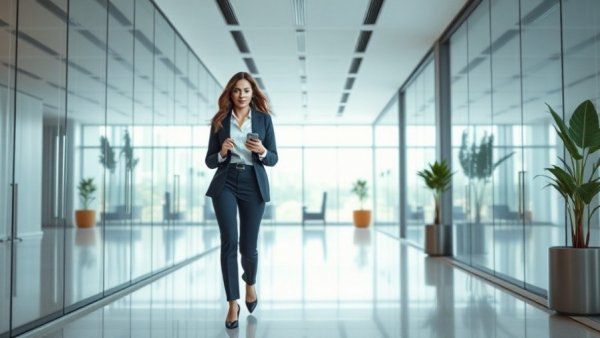 Confident businesswoman in modern office corridor illustrating hiring trends.