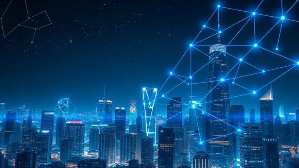 Futuristic cityscape showing 5G Core Network Investment with data lines.