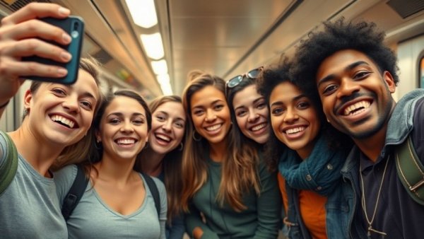 Diverse young adults taking selfie, showcasing workplace culture retention.