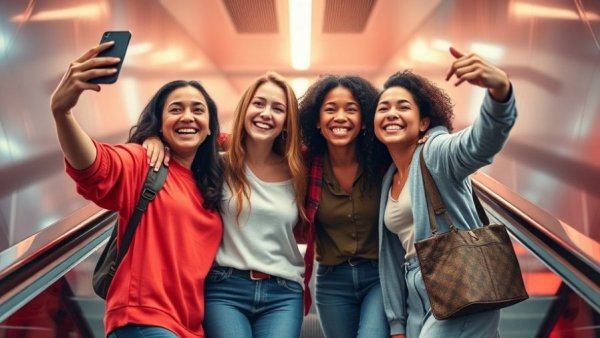Diverse group selfie on escalator, showcasing workplace culture retention factor.