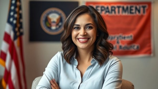 Confident woman posing in front of American flag, unlocking American talent.