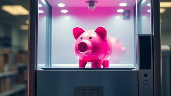 Modern claw machine with pink piggy bank, minimalist and clean.
