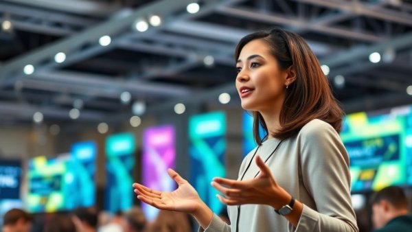 Young woman presenting at tech conference about HR technology and empathy.