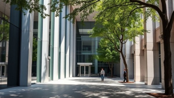 Entrance of modern office building with glass walls and columns, related to NLRB quorum restoration.