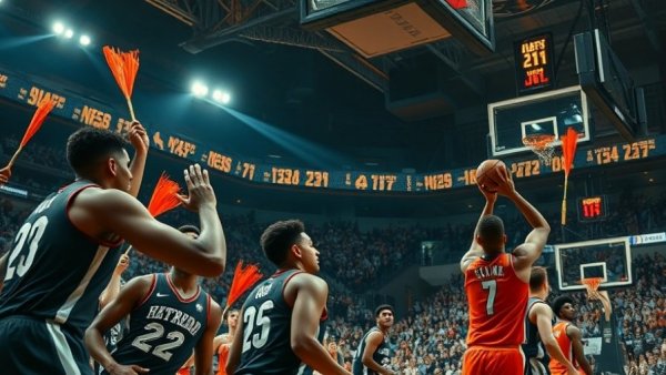 Basketball game with energetic crowd, dynamic sports action.
