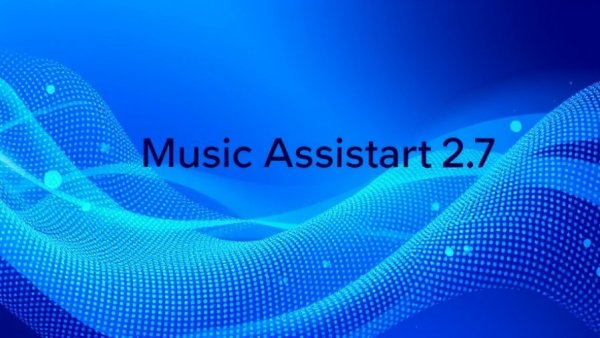 Futuristic design showcasing Music Assistant 2.7 features with dotted swirl.