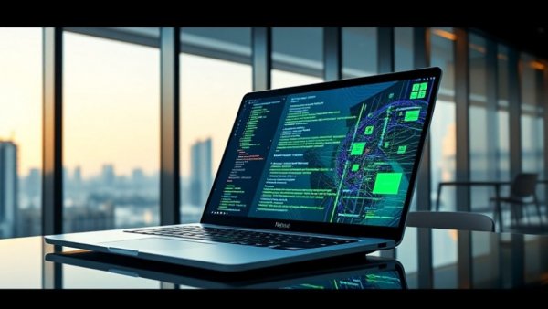 Futuristic laptop with holographic screen featuring MiniMax M2.1 interface.