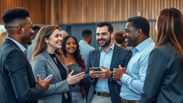 Diverse group networking at a business event, discussing strategies.