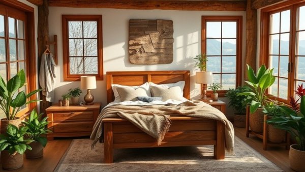 Charming rustic bedroom with outdated furniture trends, natural lighting.