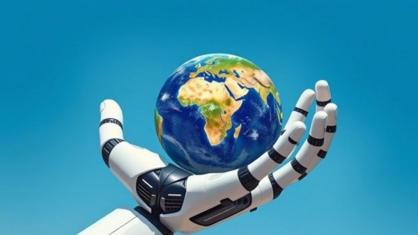 Futuristic robotic hand holding Earth model illustrating AI world models.